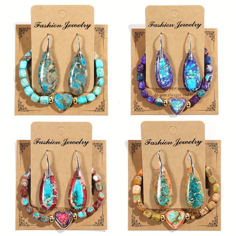 Boho Stone Beaded Jewelry Set Heart Teardrop Earrings Bracelet Gift for Mother